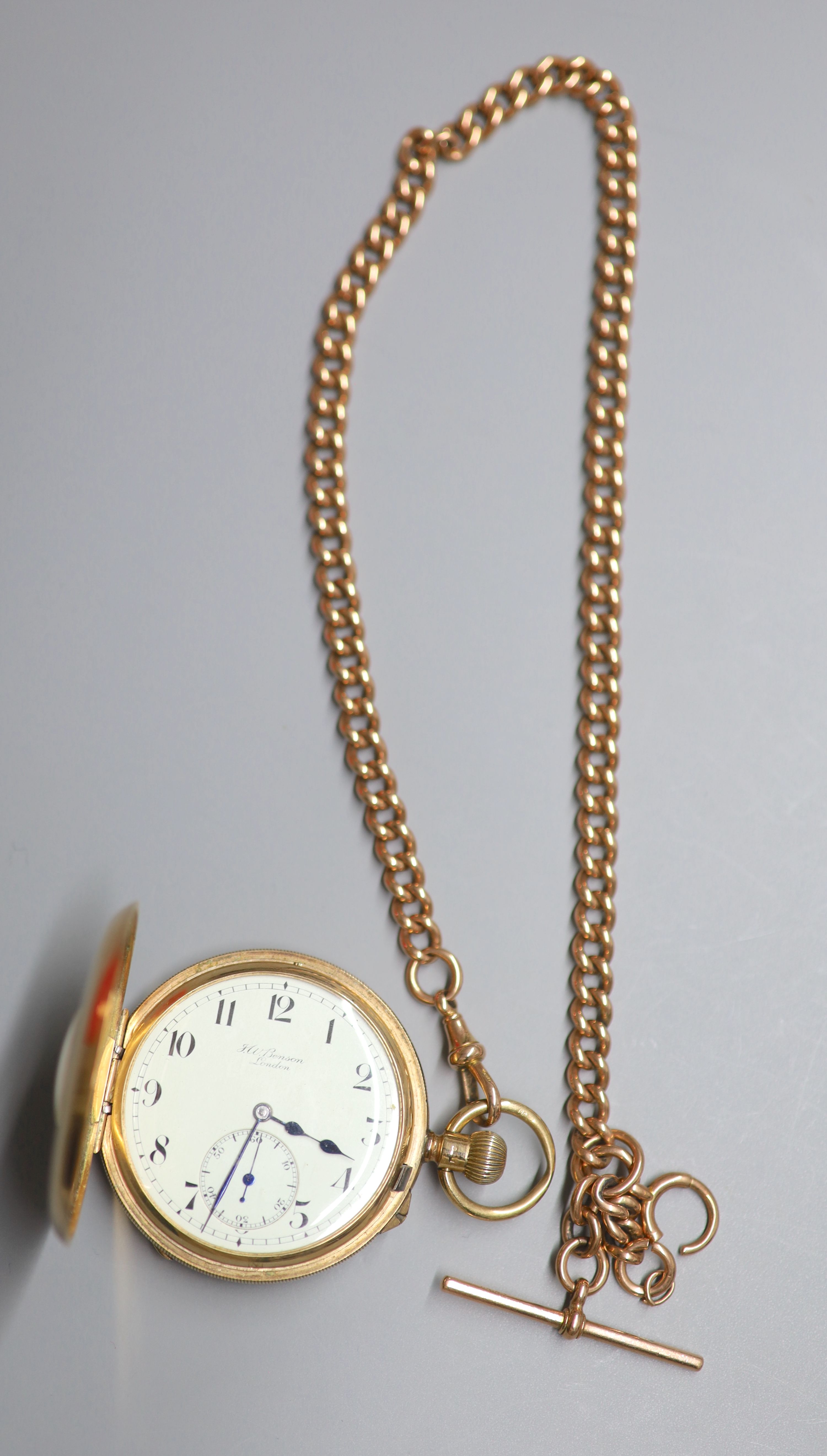 A George V 9ct gold half hunter keyless lever pocket watch The Field by J.W. Benson, together with a 9ct gold albert,